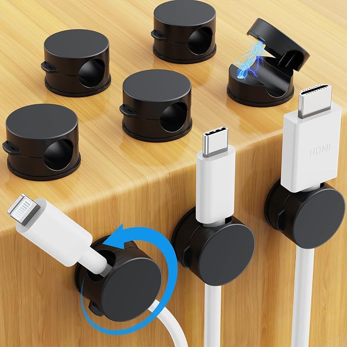 AGPTEK 8 Pack Magnetic Cable Clips, 360° Rotatable Cord Holder, Black | Cable Holder for Nightstand, Desk Cord Organizer Adhesive Wire Management Home Phone Charging Cords USB Cable Keeper