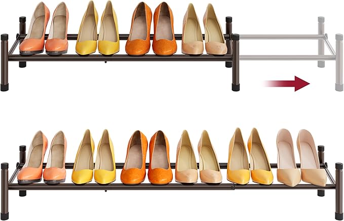 Tajsoon Expandable Shoe Rack for Closet 1 Tier, 28“-41“Stackable, Bronze | Adjustable Shoe Organizer for Closet Shoe Rack Floor, Metal Shoe Shelf Storage Entryway, Front Door Entrance, Garage, Closet