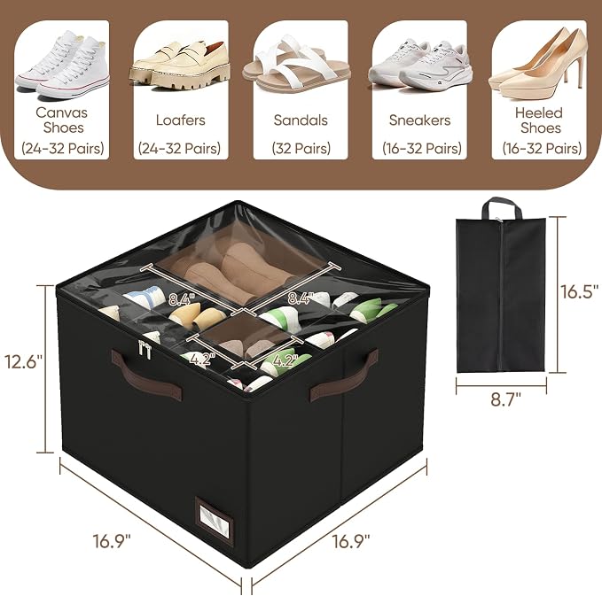 OIAHOMY 2 Pack Shoe Organizer for Closet, Large Foldable Shoe Storage Bins with Dividers and Reinforced Handles, Each Clear Cover Sneaker Box Fits Up to 16 Pairs for Entryway and Bedroom, Black