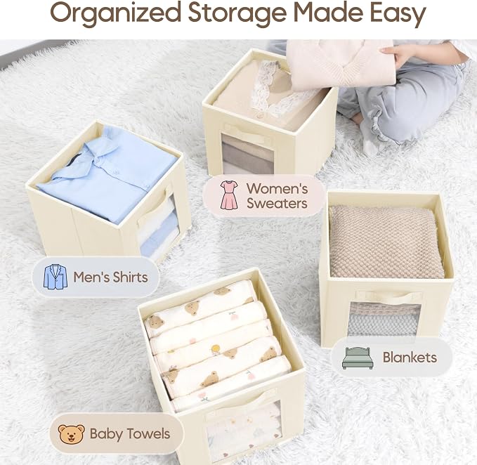Homsorout Foldable Storage Cubes - Square Organizer with Window, Decorative Baskets for Organizing, Fabric shelf Basket for Clothes, 11 Inch Closet Storage Cubes, Set of 16, Beige