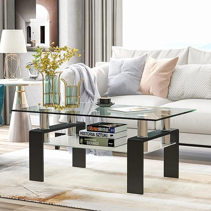 Meihua Rectangle Glass Coffee Table 2-Tier Tea Table Modern Center Coffee Table for Living Room