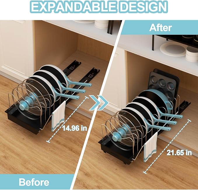 Golener Pots and Pans Organizer Under Cabinet - 22" Deep Expandable | Pot Organizers inside Cabinet with 10 Adjustable Dividers & Handrail, No Drill Pot Lid Holder, Sliding Pot Lid Holder, 1 Pack