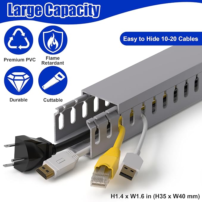 1.4"H x 1.6"W Cable Raceway, 12ft Under Desk Wire Management Channel, Grey | Slotted Wire Duct, 4 Pack (3 ft Each), Heavy-Duty PVC Cable Management for Server Racks, Network Cables & Electrical Cabinets
