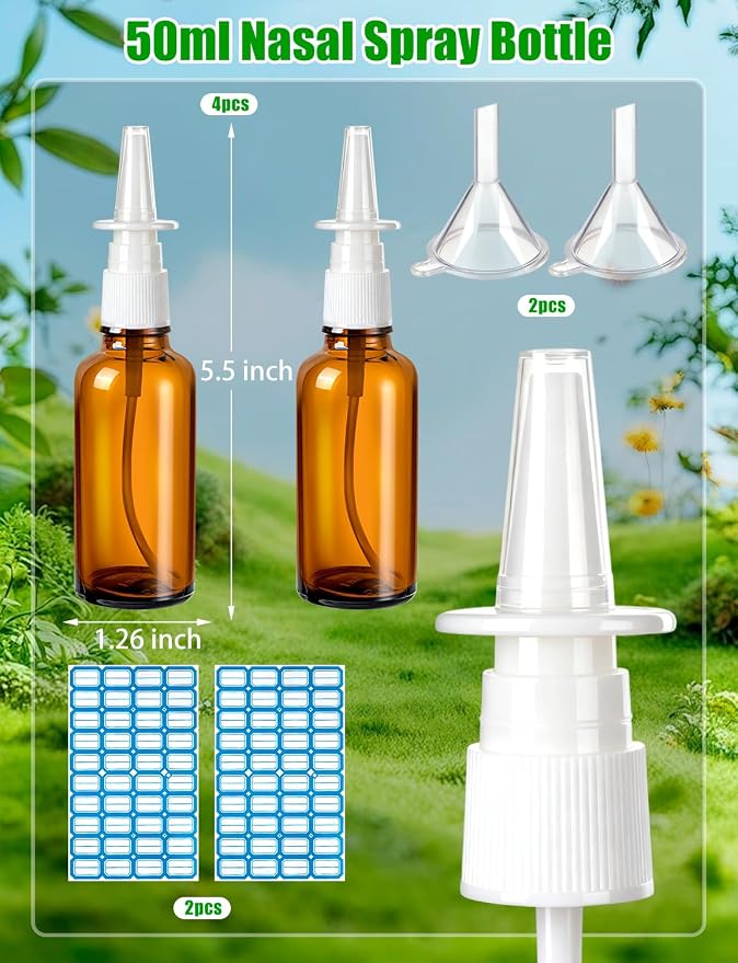 8 Pcs Nasal Spray Bottle, 50ML/1.76OZ 4Pcs Empty Glass Brown Nose Nasal Spray Bottles Refillable with 2 Funnels and 2 Labels