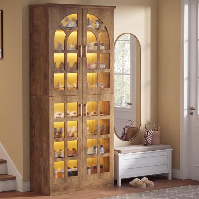 Tribesigns Tall Shoe Cabinet with Doors and Led Lights, 8-Tier Wooden Shoe Rack Organizer with Adjustable Shelves, Narrow Shoe Storage Cabinet for Entryway, Hallway, Living Room, Brown