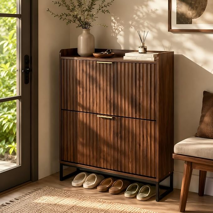 VINGLI Fluted Shoe Cabinet Storage for Entryway,Hidden Shoes Storage Cabinet with 2 Flip Drawers, Mid Century Modern Shoe Rack Organizer,Free Standing Shoes Organizer for Hallway(Dark Walnut)