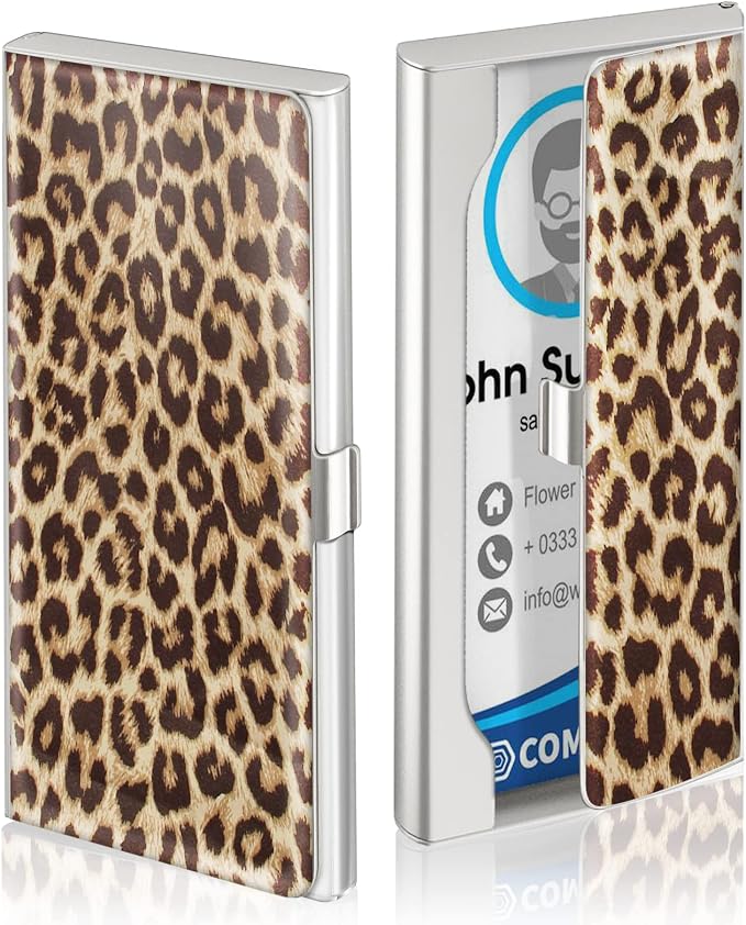 Swooflia Business Card Holder Case for Women Men Metal Leopard Slim Pocket Business Card Purse Cute for Realtors Real Estate Agents