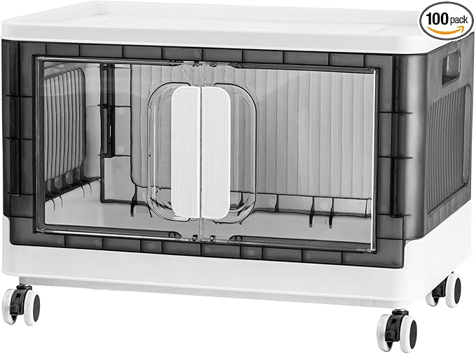 Folding Storage Organizer with Silent casters | Stackable Design for Home & Office, Heavy-Duty Plastic Storage Bin with Clear Door, 3 Sizes (19.5/23.5/27.5in),Black/White (23.6" 1 layer, White)