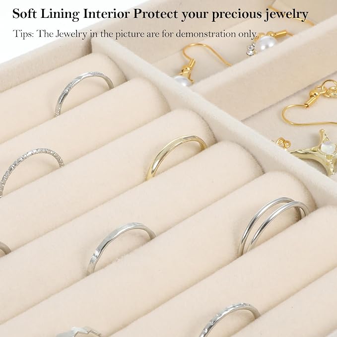 Jewelry Box Insert Organizer for Drawer, Stackable Trays Velvet Jewelry Drawer Inserts, Ring Earring Stud Necklace Holder Display Storage Case(Beige, 8.3 x 4.9in)