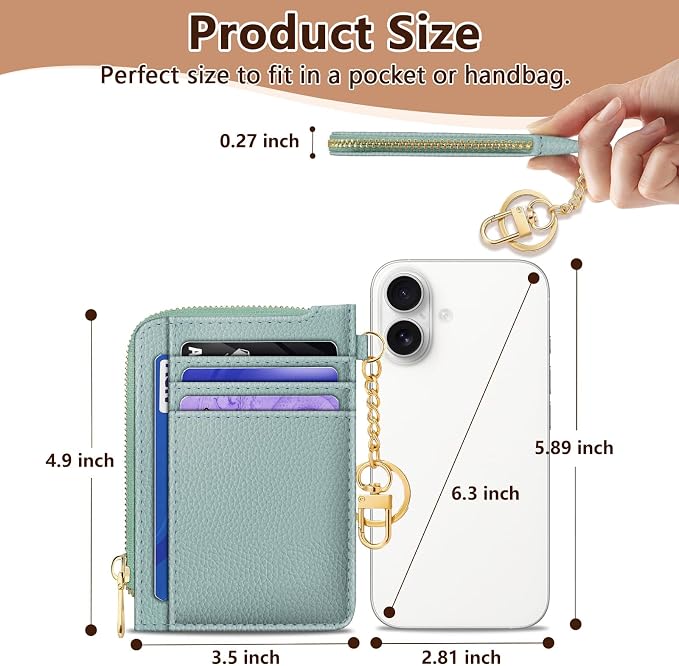 GIANCOMICS Slim Wallet Credit Card Holder Women, Light Green Rfid Blocking Small Card Case, Keychain Thin Pocket Curved Zipper Wallet, Travel Card Holder PU Leather ID Window, Ladies Female Gifts