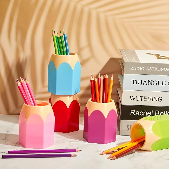 Henoyso 10 Pieces Pencil Shaped Cups for Classroom Pencil Dispenser Bulk Cute Pen Holders Storage Desktop Colorful Makeup Brush Container for Classroom Home Office Supplies, 5 Colors