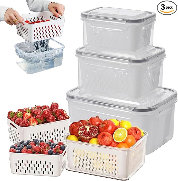 Yuonry 4 in 1 Food Storage Container, Fruit Storage Containers for Fridge, Produce Containers with Lid and Strainer, Including Drain Basket, Multipurpose Large Fruit Container for Fridge(Grey)