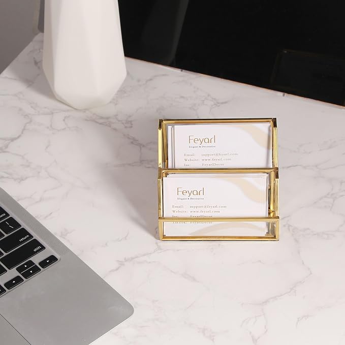 Feyarl Gold Glass Business Card Holder 2 Slots Name Cards Display Stand Business Cards Organizer Storage for Office Meeting Front Desktop Countertop
