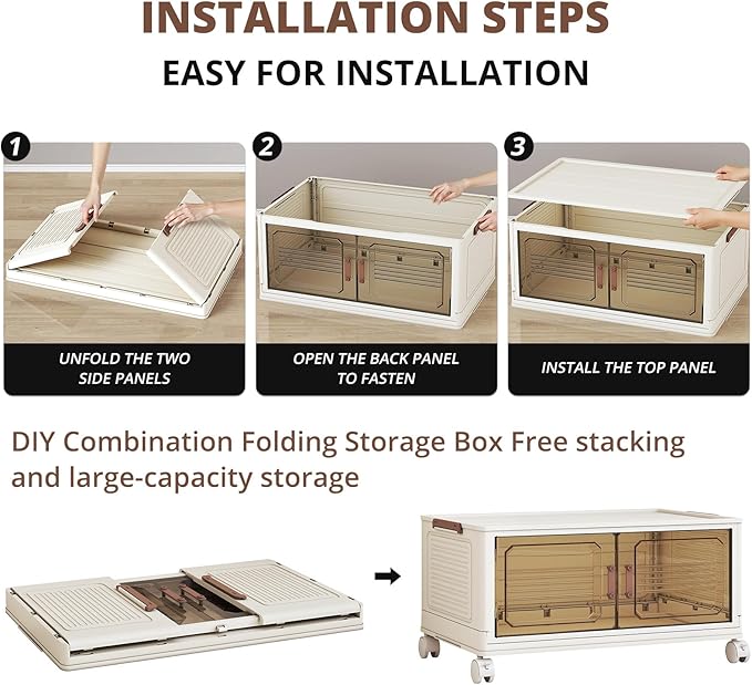 318QT Extra Large Lockable Stackable Storage Bins with Lids, 5-Tier Collapsible Plastic Storage Cabinet on Wheels, Foldable Closet Organizer for Bedroom Dorm Home Office Organization