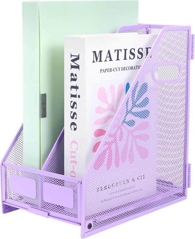 Desk Organizers Metal Magazine File Holder Racks Desktop Folder Storage Binder Organiser Document Organization for Home Office & Classroom,2 Vertical Compartments-Purple