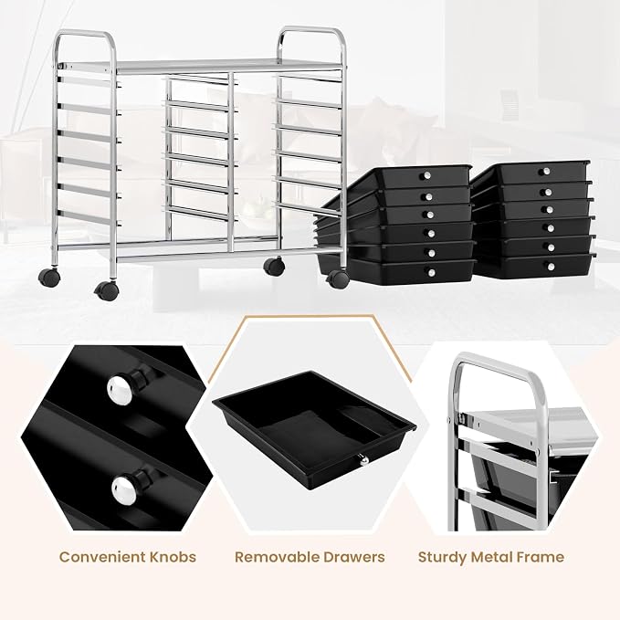 GOFLAME 12-Drawer Rolling Storage Cart, Multifunctional Art Craft Organizer Cart, Mobile Utility Storage Cart with Removable Drawers & Lockable Wheels, Craft Cart for Home Office School, Black