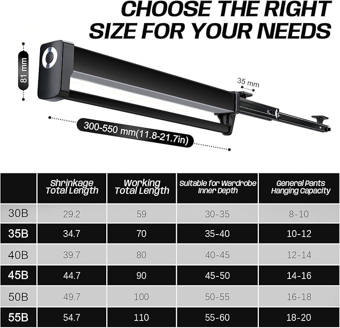 Pull Out Closet Valet Rods with LED Lighting, Slide Out Steel Pants Rack | Adjustable Heavy Duty Trouser Rack, Retractable Pants Hangers Top Mounted with Built-in Lithium Battery (300mm/11.8inch)