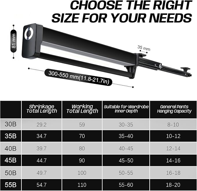Pull Out Closet Valet Rods with LED Lighting, Slide Out Steel Pants Rack | Adjustable Heavy Duty Trouser Rack, Retractable Pants Hangers Top Mounted with Built-in Lithium Battery (400mm/15.7inch)