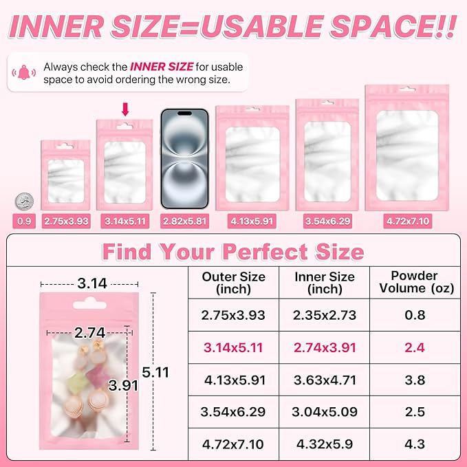 100 PCS Pink Resealable Mylar Bags with Zipper and Frosted Clear Window Smell Proof Packaging Bags Foil Pouch Zip Bag for Food Self Sealing Storage Supplies 3.14x5.11