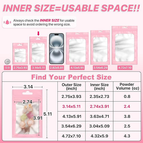 100 PCS Pink Resealable Mylar Bags with Zipper and Frosted Clear Window Smell Proof Packaging Bags Foil Pouch Zip Bag for Food Self Sealing Storage Supplies 3.14x5.11