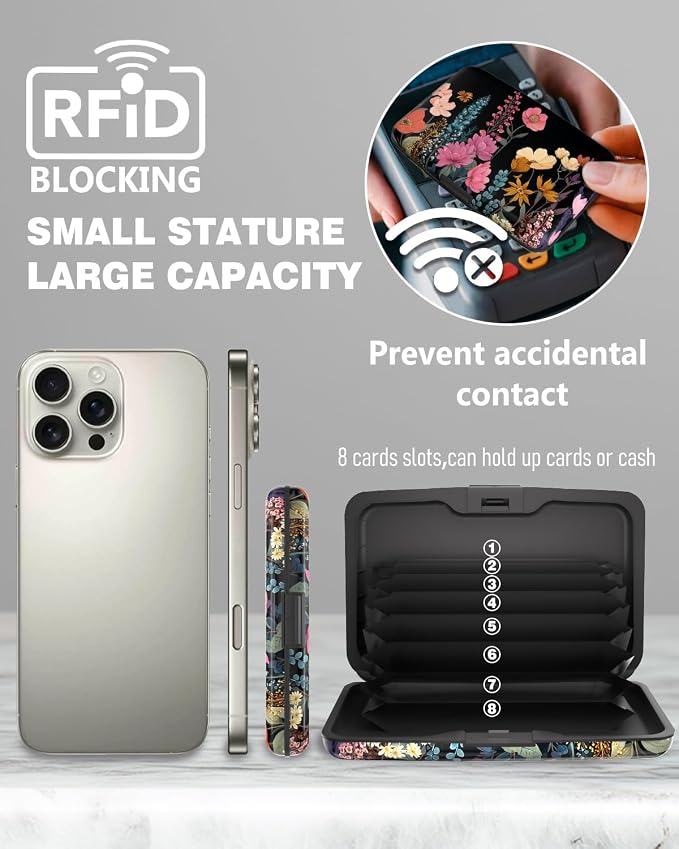 Maicican Credit Card Holder, Mini RFID Blocking Aluminum Wallet | Slim Metal Hard Case Travel Wallet ID Case for Women and Men, 4.3 x 2.9 Inches, Blooming Flowers