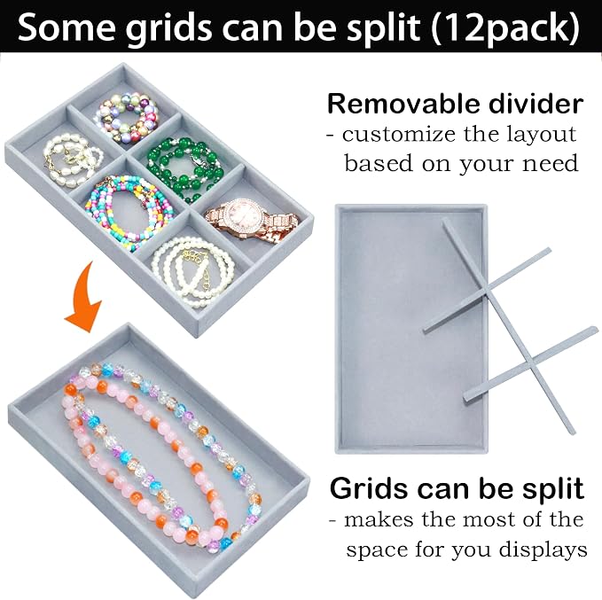 12 Pack Velvet Jewelry Drawer Organizer Trays Stackable Jewelry Storage Inserts Set Jewelry Tray for Earring Necklace Rings Bracelet with Removable Dividers for Dresser & Vanity