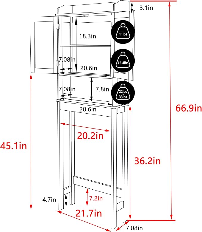 Yardenaler Over-The-Toilet Storage Shelf with Doors, Bathroom Freestanding Space Saver Organizer with Adjustable Shelf, White
