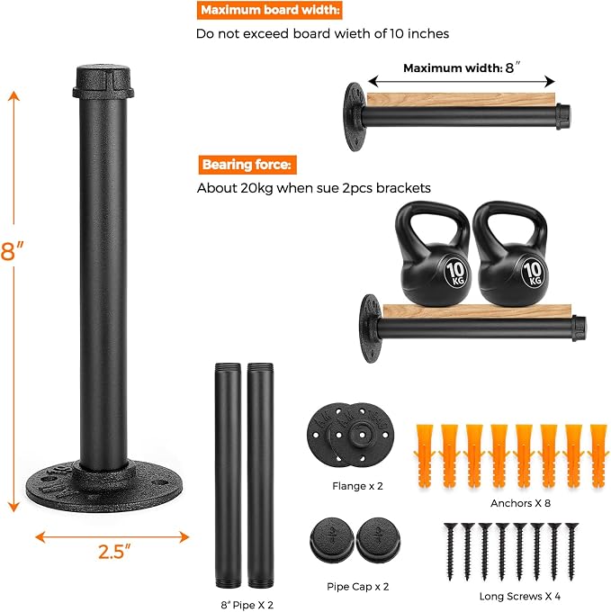8 Inch Black Industrial Pipe Floating Clothing Rack Wall Mounted, Heavy Duty Garment Rack for Hanging Clothes, Multi-purpose Hanging Rod for Closet Storage, 4 Pack