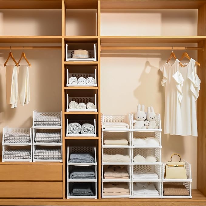 Pull-out Plastic Storage Basket,Stackable Closet Organizers Drawer Anti-Tipping, Reinforced Stable Shelf Container for Bathroom Laundry Room Storage, Space-Saving Clothes Storage (white, Large-4pcs)