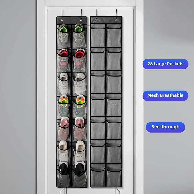KEEPJOY 2 Pack Grey14 Pockets Over the Door Shoe Organizer, Hanging Shoe Organizer with 4 Hooks Door Shoe Holder with Mesh Deep Pockets Closet Door Shoe Storage Bag (Grey-2Pack)