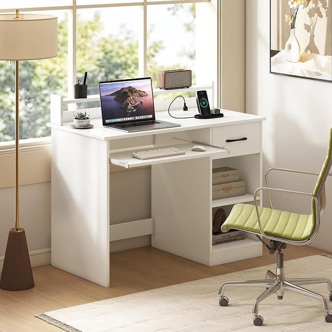 Giantex White Desk with Drawers, Modern Home Office Desk with Keyboard Tray, Monitor Stand & Adjustable Shelf, PC Laptop Table Computer Workstation, Study Writing Desk for Small Spaces, Bedroom