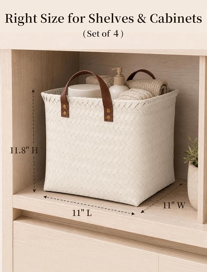 Hand Woven Baskets for Storage, 4Pcs Water-Resistant Wicker Baskets, White Wicker Storage Baskets for Shelves, Large Basket with Handle for Organizing, Clothes, Laundry, Blanket - Square