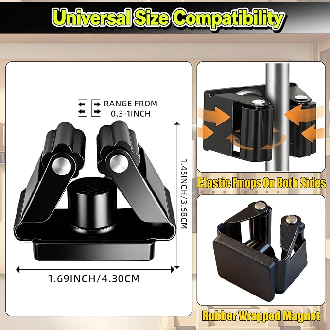 Magnetic Broom and Mop Holder Wall Mount, Black 4 Pack | Space-Saving magnetic broom holder, heavy duty magnet hooks, no-drill over the door broom gripper,RV Camper Wall Organizer