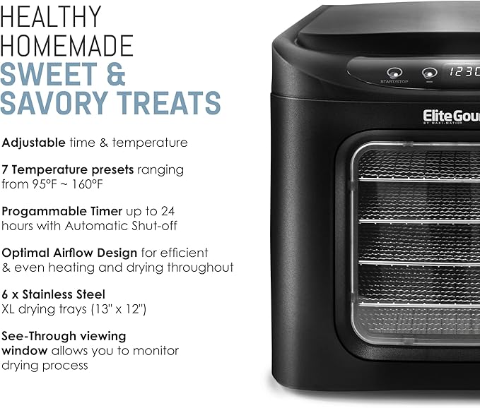 Elite Gourmet EFD-313B Programmable Food Dehydrator, Food Dehydrator, Adjustable Temperature Controls, Jerky Herbs Fruit Veggies Snacks, 6 Stainless Steel Trays