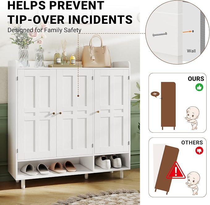 Shoe Cabinet with 3 Doors and Adjustable Shelves, Large Shoe Storage Cabinet for 24–30 Pairs, Modern Farmhouse Shoe Organizer with Open Bottom Shelf for Entryway, Living Room, White