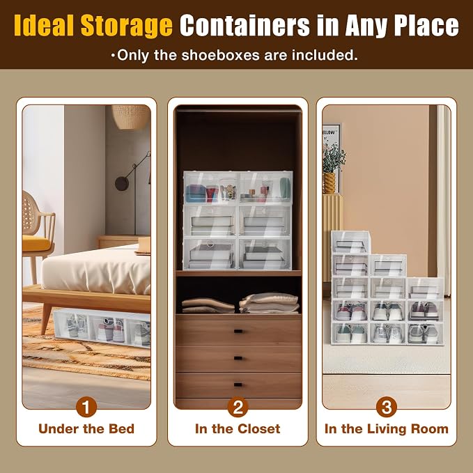 24 PCS Shoe Boxes, Premium Clear Plastic Stackable, 13 x 9.1 x 5.5 Inch Shoe Organizer for Bedroom, Living Room