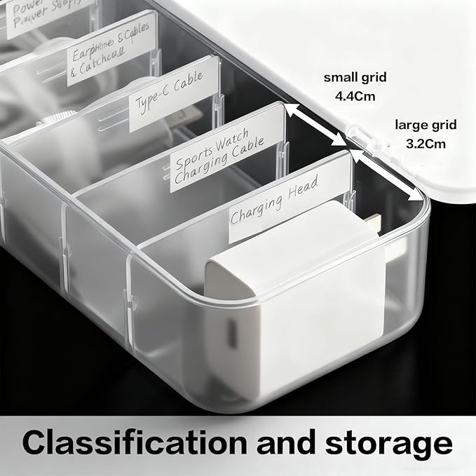 Cable Organizer Box with 7 Wire Ties, 1 Pack Desktop Cord Management Storage Case with Lid, 7 Compartments for Chargers Cables for Office Home Desk Accessories Cords (White)