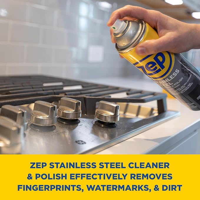 Zep Stainless Steel Cleaner & Polish - 14 oz (2 Pack) & Microfiber Rag | Fingerprint remover and polish for stainless steel refrigerators, dishwashers and appliances, with a reusable rag.