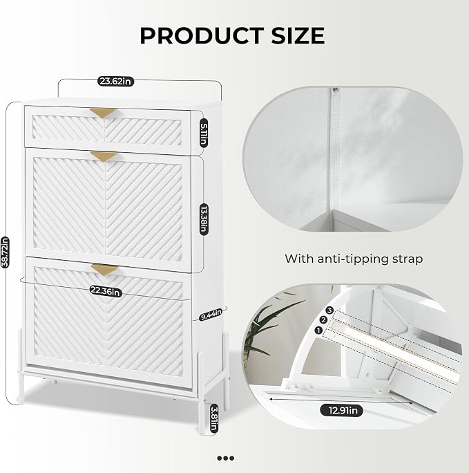 Shoe Cabinet with 2 Flip Drawers, Narrow Entryway Rack, White | Slanted Wood Grain, Freestanding, Adjustable Compartments, Removable Middle Shelf, Metal Handles, for Hallway Foyer Entrance