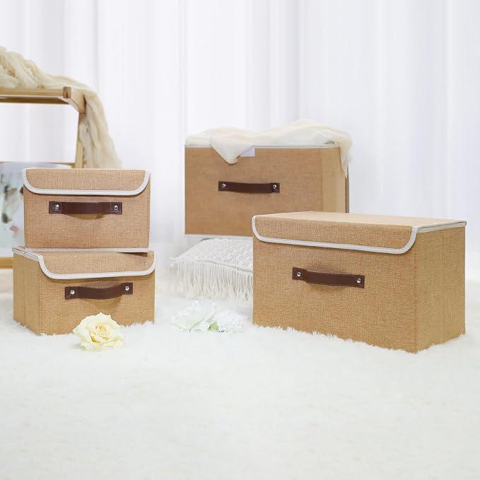 ANMINY 4PCS Storage Bin with Lid Storage Boxes with PU Leather Handles PP Plastic Board Decorative Foldable Lidded Cotton Linen Fabric Home Cubes Baskets Closet Organizer Container - Khaki, Medium