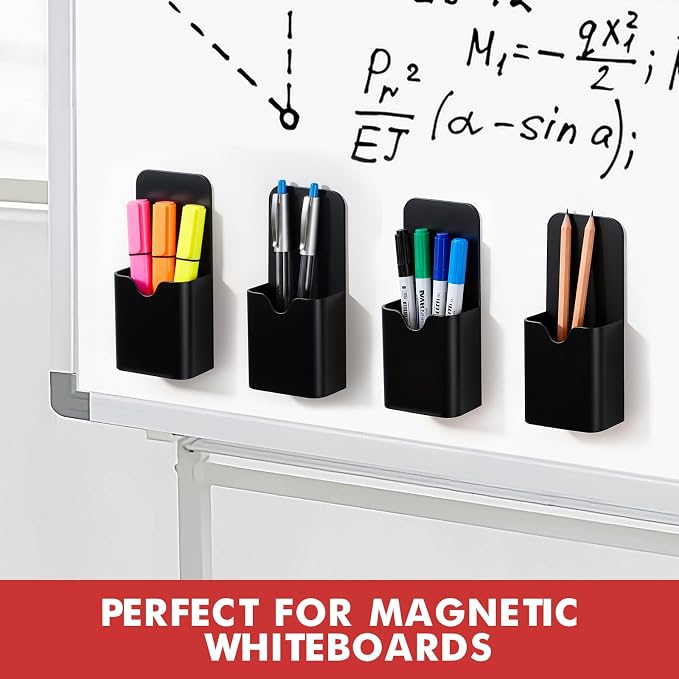 BEYGORM 4 Pack Magnetic Pen Holder for Whiteboard, Upgraded with a 1.5mm Thick Backing to Hold Dry Erase Markers. Ideal for Classroom, Office, Refrigerator, and Locker (Black)