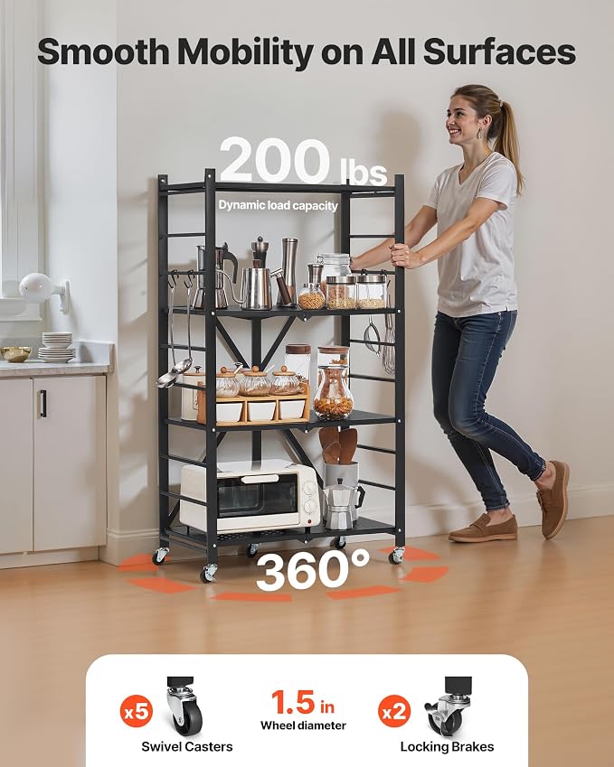 VEVOR 4-Tier Foldable Storage Shelf, 26W x 13D x 46H Inch Folding Metal Rack Shelving Unit, No Assembly Organizer Shelf with 5 Wheels & 4 Hooks for Pantry, Kitchen, Garage, Basement, Black