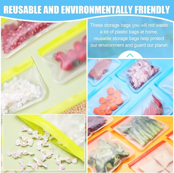 Food Storage Freezer Bags- 24 Pack Leakproof (8 Reusable Gallon Bags + 8 Reusable Sandwich Bags + 8 Reusable Snack Bags) for Meat Fruits and Vegetables.