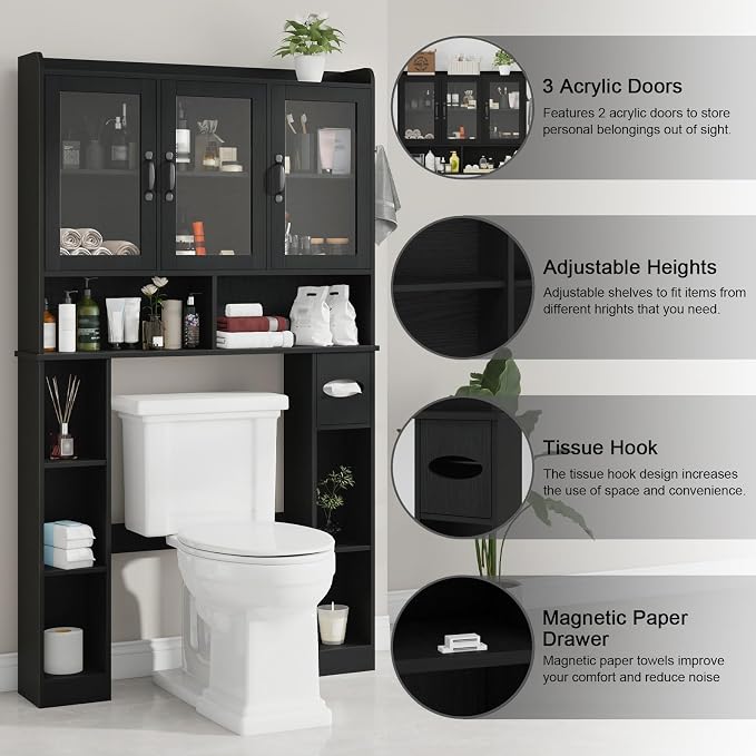 Vabches Over The Toilet Storage Cabinet with Glass Doors, Black | Farmhouse Bathroom Organizer with Adjustable Shelf, Home Space-Saving Toilet Rack,for Restroom,Bathroom, Laundry