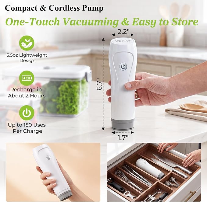 URPOWER Compact Vacuum Sealer Set with 2 Vacuum Containers for Food Storage (34 fl oz & 68 fl oz), Handheld Portable Vacuum Pump Vacuum Food Sealer Machine for Food Storage, Travel & Meal Prep