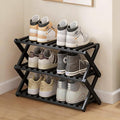 3 Tier Bamboo Shoe Rack Black,Portable Folding Shoe Storage Rack,Without Installation Small Shoe Rack Perfect for Corridors, Drom, Bedrooms and Small Spaces