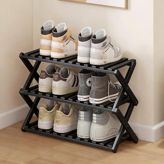 3 Tier Bamboo Shoe Rack Black,Portable Folding Shoe Storage Rack,Without Installation Small Shoe Rack Perfect for Corridors, Drom, Bedrooms and Small Spaces