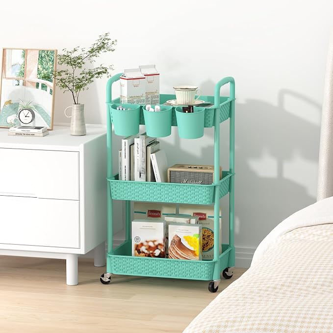 MOYIPIN 3-Tier Plastic Rolling Utility Cart with Handle,Utility Storage Cart for Office, Living Room, Kitchen,Movable Storage Organizer Shelves,Turquoise with 3 Hanging Cups