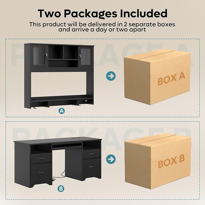 Bestier 77.8" H Computer Desk with Hutch, Charging Station, LED Light,Black | Modern Wood Executive Desk with Drawers, Fluted Storage Cabinet, Keyboard Tray, 59" W Office Desk for Home Office