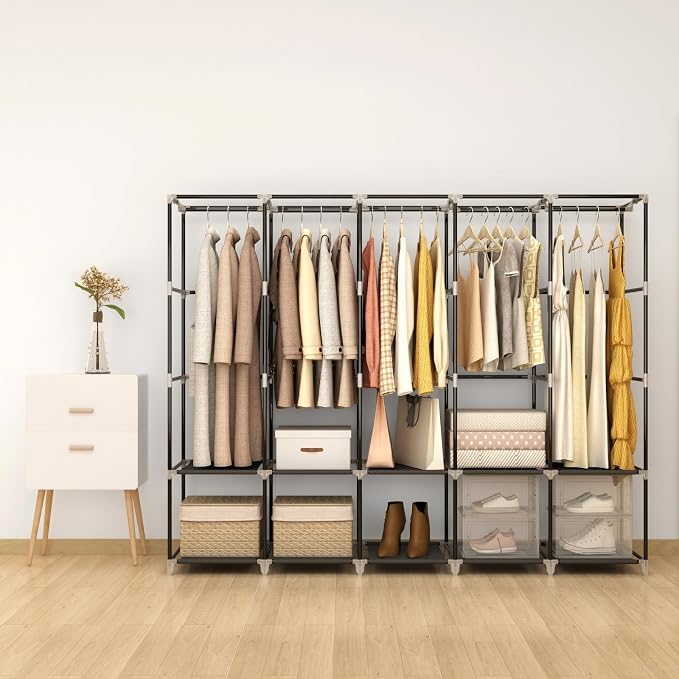 83" Portable Wardrobe Closet for Hanging Clothes, 5 Rods 10 Shelves Cover | 5 Hanging Rods 10 Storage Shelves Fabric Cover